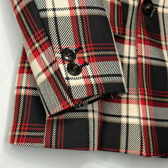H&M Double Breasted Blazer Women 4 Red Black Tartan Plaid Oversize Career Preppy - Picture 5 of 11